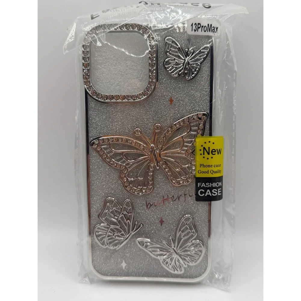 Silver Glitter Butterfly Rhinestone Case for iPhone 13 Pro Max Y2K Bling Cover